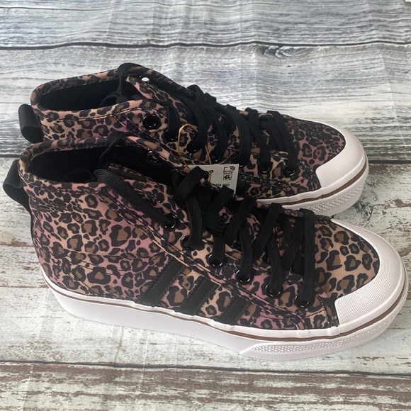 Adidas Nizza Platform Mid Leopard Print Sneakers Pink/Blk/Brwn Size 6 GY9531 - Picture 4 of 13